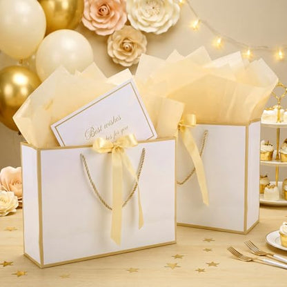 woric 2 Pcs White Gold Foil Gift Bags, 14" Medium Wedding Gift Bag - color: White with Gold Edge