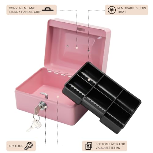 Steel Cash Box with Key Lock, Metal Small Money Organizer with Money Tray,Cash Storage Box with Lockable Cover (Pink - 5.9" x 3.1" x 4.7") - color: Pink - 5.9" x 3.1" x 4.7"