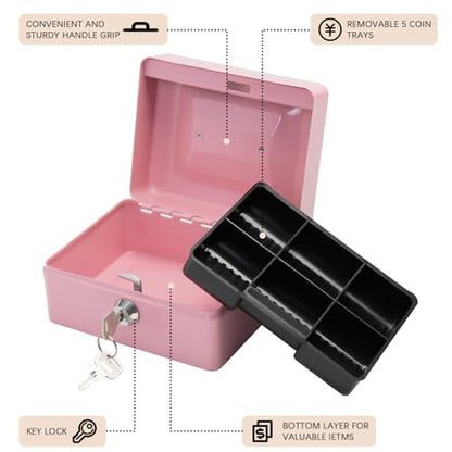 Steel Cash Box with Key Lock, Metal Small Money Organizer with Money Tray,Cash Storage Box with Lockable Cover (Pink - 5.9" x 3.1" x 4.7") - color: Pink - 5.9" x 3.1" x 4.7"