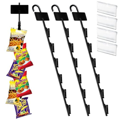 Chip Hanger Strips Hooks Display Hanging 16.5" with 6 Chip Greeting Card Party Merchandise Vendors Potato Bag Holder Snack Candy Portable Retail Organizer Storage Metal with Label Header 4 Pack - style: 6 clips 4 pack