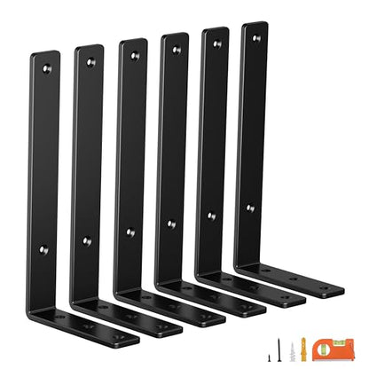 NEODROP 6-Pack 6 Inch Heavy Duty Shelf Brackets, Premium Floating L Bracket for Wall, Kitchen, Mantel Shelves Support | Quarter Inch (1/4") Thick | Black Powder Coated Steel - size: 6 Inch, style: 6 Pack