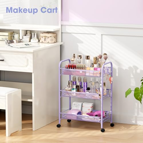 TOOLF 3 Tier Rolling Cart, Metal Utility Storage Cart with Wheels, Purple - color: Purple, size: 3-Tier
