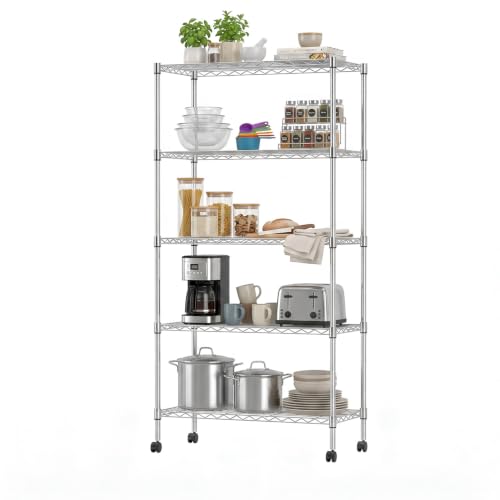 BestOffice | 5-Tier Wire Shelf with Wheels | 14" x 30" x 60" | Chrome - color: Chrome, size: 14"D x 30"W x 60"H