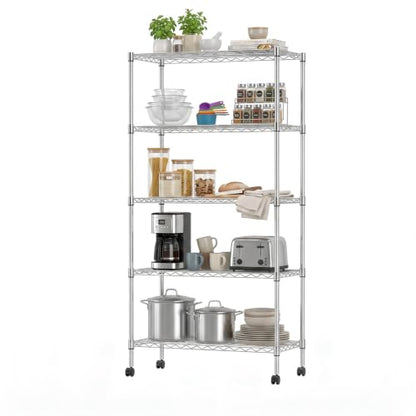 BestOffice | 5-Tier Wire Shelf with Wheels | 14" x 30" x 60" | Chrome - color: Chrome, size: 14"D x 30"W x 60"H