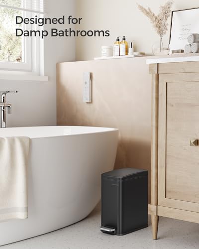 SONGMICS Bathroom Trash Can, 1.3 Gallon Stainless Steel Trash Bin with Lid - color: Black, style: 1.3 Gal.