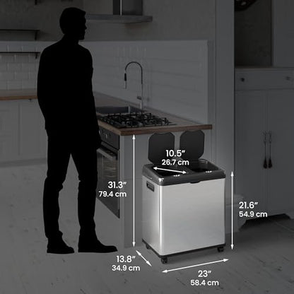 iTouchless 16 Gallon Sensor 2.0 Technology Dual Compartment Kitchen Trash Can and Recycle Bin with Wheels, Stainless Steel Automatic 8 Gallon Per Side for Home Office Store Business