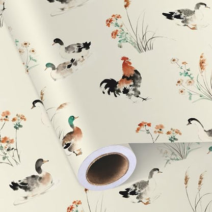 Sikiweiter Ink Painting Farm Animal Wrapping Paper Roll, 17 Inch x 16.5 Feet, Watercolor Duck and Rooster Gift Wrap with Floral Grass Design, Rustic Farmhouse Wrapping Paper for Birthday, Baby Shower, Spring Gifts(Chickens and Ducks) - color: Chickens and