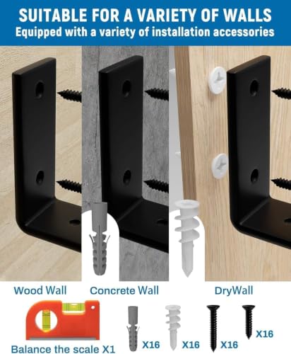 LEOPO 10 inch Shelf Brackets 8-Pack, 1/5" Thick Floating Shelf Bracket - color: black-8 pack, size: 9.25"