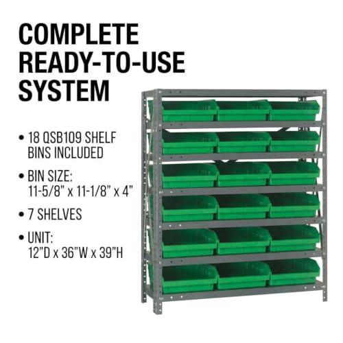 Quantum Storage 1239-109 Steel Shelf Bin Organizer System, 18 4"H Hopper-Front Bins, 7-Shelf Unit, 400 lb Per Shelf, for Warehouse, Shop, Garage & Stockroom, 12"D x 36"W x 39"H, Green - size: 39" H x 36" W x 12" D, style: 12" L x 12" W x 4" H 18 Economy G
