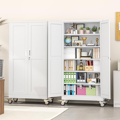 pozdeg 73.6" White Lockable Rolling Metal Garage Storage Cabinet - color: White, size: 17.7"D x 35.4"W x 73.6"H