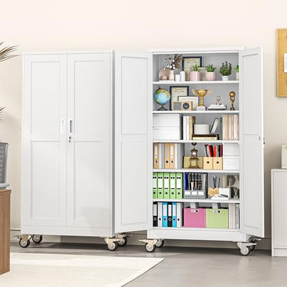 pozdeg 73.6" White Lockable Rolling Metal Garage Storage Cabinet - color: White, size: 17.7"D x 35.4"W x 73.6"H