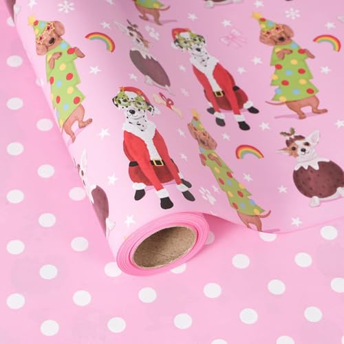 ZINTBIAL Dog Christmas Reversible Wrapping Paper Roll - Gift Wrap with Pink Polka Dots on Reverse - Perfect for Holidays, Pet Lovers & Christmas Gifting - 17.5 in x 33 ft (48 sq. ft) - color: Pink-Christmas
