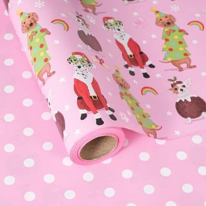 ZINTBIAL Dog Christmas Reversible Wrapping Paper Roll - Gift Wrap with Pink Polka Dots on Reverse - Perfect for Holidays, Pet Lovers & Christmas Gifting - 17.5 in x 33 ft (48 sq. ft) - color: Pink-Christmas