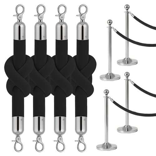 4 PCS Black Velvet Rope - 5 Ft Black Velvet Rope for Ceremonies Safe for Parties Crowd Queue Line Control Hanging Stanchion Tape - color: Black + Silver