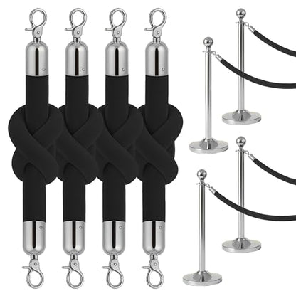 4 PCS Black Velvet Rope - 5 Ft Black Velvet Rope for Ceremonies Safe for Parties Crowd Queue Line Control Hanging Stanchion Tape - color: Black + Silver