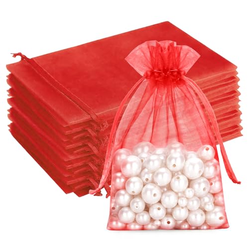 G2PLUS 25PCS Red Organza Bags, 5x7 in Sheer Jewelry Pouches - color: Red