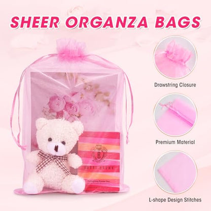 ANZNKU 50 Pcs Large Organza Bags 8x12, Pink Small Mesh Gift Bag Drawstring - color: Pink