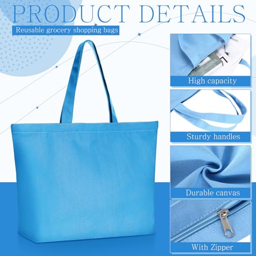 Epakh 8 Pack Canvas Tote Bag Bulk with Zipper, 16.5 x 13 Inch, Blue - color: Blue, size: 16.5 x 13 Inch