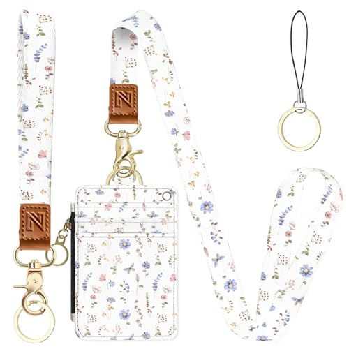 2-in-1 ID Badge Holder & Lanyard Wallet，Cute Zippered Pouch White Flowers 2 - color: White Flowers 2