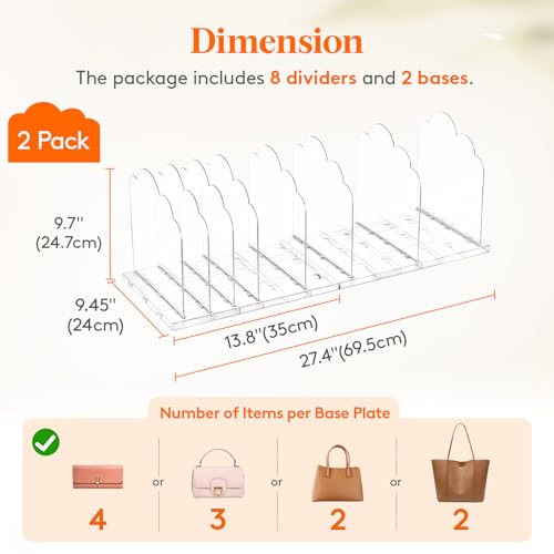 Lifewit Purse Organizer for Closet, 9.7" Tall Clear Handbag Shelf Dividers - size: 9.7"H