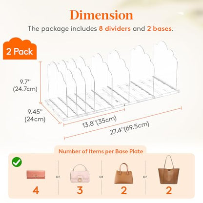 Lifewit Purse Organizer for Closet, 9.7" Tall Clear Handbag Shelf Dividers - size: 9.7"H