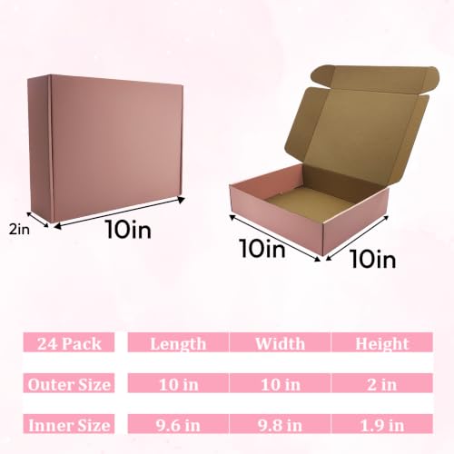 Pink Shipping Boxes 24 Pack 10x10x2 inch, Corrugated Gift Mailers - size: 10x10x2 Inch-24 Pack