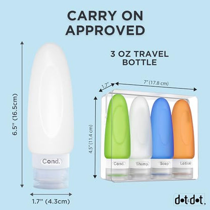 Dot&Dot Leak Proof Travel Bottles - Tubes for Liquid TSA Approved 3oz Silicone Toiletries Travel Shampoo & Conditioner Containers with Labels - color: 3oz 4pc - White/Blue/Green/Orange