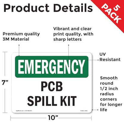 PCB Spill Kit OSHA Emergency Vinyl Decal Label 10 Inch x 7 Inch - 5 Pack - color: Vinyl Decal, size: 5 Pack of 10" x 7"