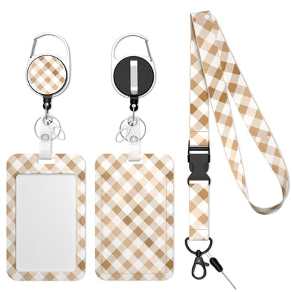 Retractable Badge Holder with Detachable Lanyard, White Lattice - color: White Brown Lattice