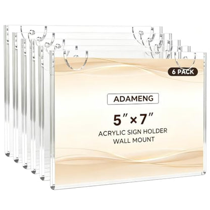 6 Pack 5"x 7" Horizontal Wall Mount Acrylic Sign Holder, Clear Frame with Adhesive Tape & Screws for Store Office Home