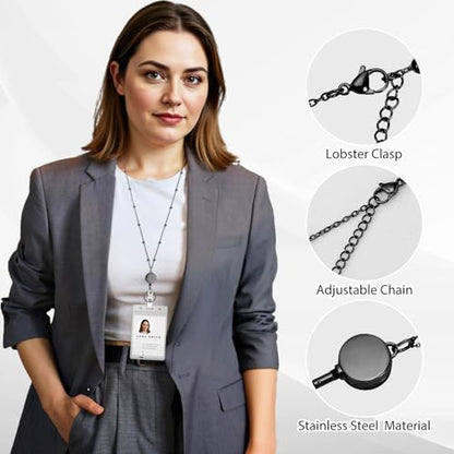 Stainless Steel Badge Lanyard with 2 Waterproof Id Holders, Black - color: Black