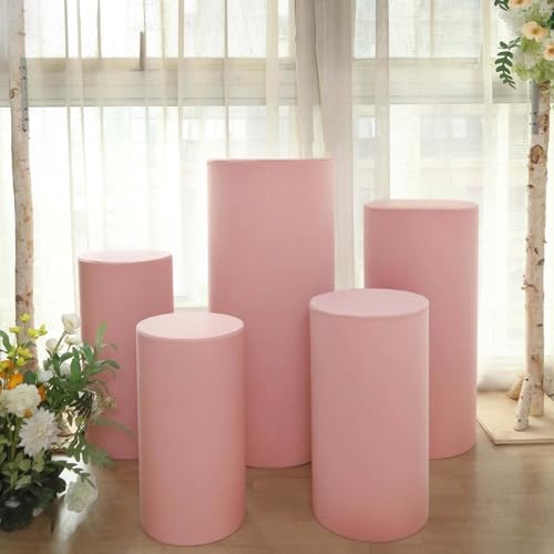 Efavormart Set of 5 | Dusty Rose Spandex Cylinder Plinth Display Box Stand Covers, Stretchable Pedestal Pillar Prop Covers - 160 GSM - color: Dusty Rose, size: Spandex Cylinder Covers
