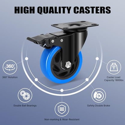 4 Inch Swivel Casters Set of 4, 1800 Lbs Heavy Duty Caster Wheels, Dual-Locking Castors with Brake, No Noise Top Plate Wheels for Furniture, Workbench and Carts (Free Hardware Kits) - size: 4inch