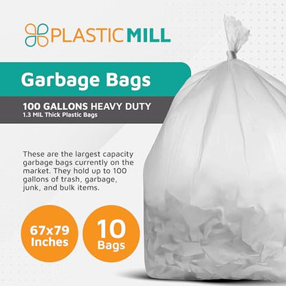 PlasticMill Heavy Duty Trash Bags Clear 100-Gallon 1.3 Mil 10-Count