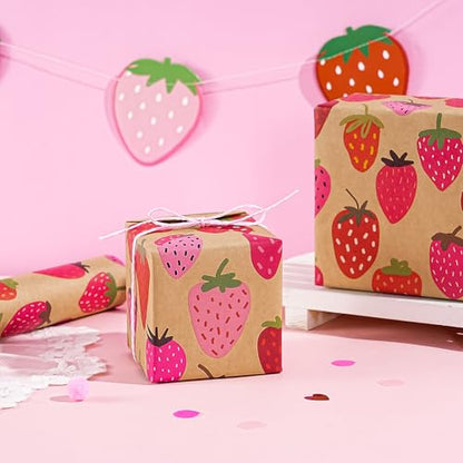 WRAPAHOLIC Kraft Strawberry Wrapping Paper Roll - Mini Roll - 17 Inch x 16.5 Feet - Sweet Strawberry Fruits Wrapping Paper for Summer, Birthday, Wedding, Bridal Shower - color: Kraft - Strawberry, size: 17 inch x 16.5 feet