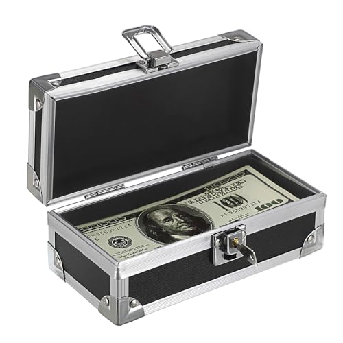 Hipiwe Lockable Cash Box with Key and Single Row Currency Tray - color: Black+Silver, size: Small