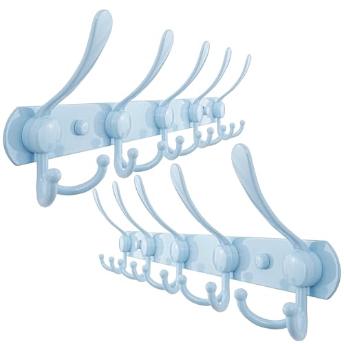 Dseap Coat Rack Wall Mounted - 5 Tri Hooks, Heavy Duty, Stainless Steel, Metal Coat Hook Rail for Coat Hat Towel Purse Robes Mudroom Bathroom Entryway (Blue, Pack of 2) - color: Blue, size: L=16" (2 Pcs)