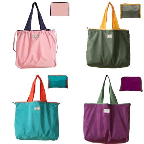4 PC Foldable Reusable Shopping Bag 210D Nylon Waterproof Travel Grocery Tote with Drawstring Mouth & Reinforced Handle - color: Group 3