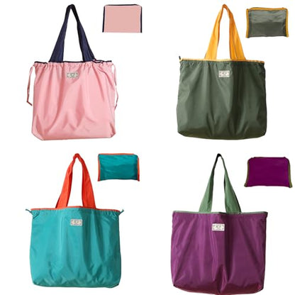 4 PC Foldable Reusable Shopping Bag 210D Nylon Waterproof Travel Grocery Tote with Drawstring Mouth & Reinforced Handle - color: Group 3