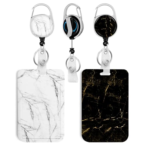 2 Pack Black&White Marble ID Badge Holder with Clip Badge Reels - color: 2 Pack-black&white Marble