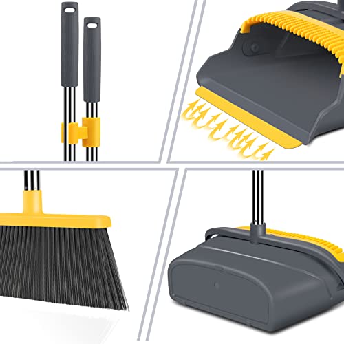 Upgrade Broom and Dustpan Set, Broom with Dustpan Combo Set, Self-Cleaning with Dustpan Teeth, Indoor&Outdoor Sweeping, Stand Up Broom and Dustpan (Gray&Yellow) - color: Gray&yellow