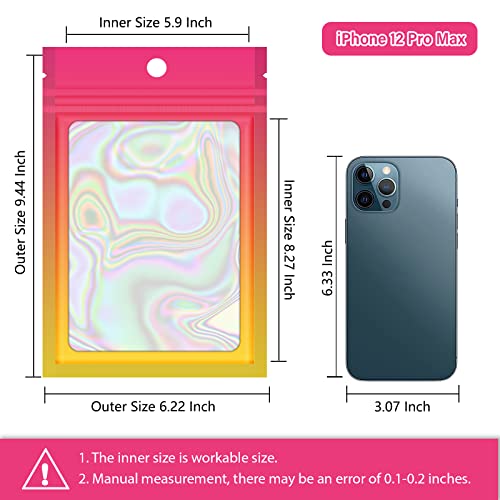 100 Pieces Reusable Bags Clear Window, Holographic Gradient Mylar Zip Bag - color: Hot Pink&Orange, size: 6.3x9.4 Inch
