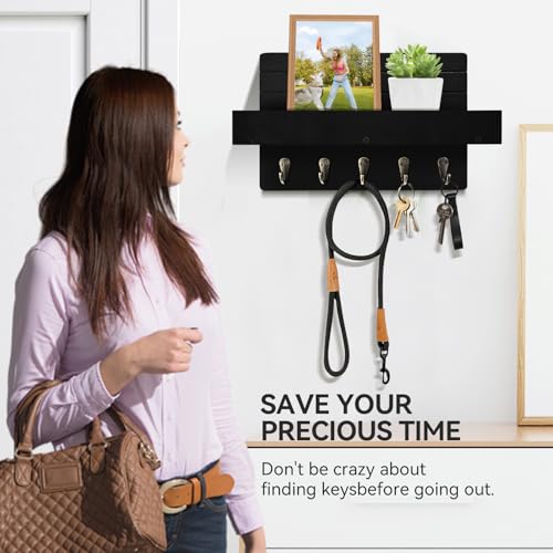 Key Holder Wall Mount, Decorative Key Rack with Shelf & 5 Sturdy Hooks, Rustic Key Hooks for Wall for Mail Organizer Hanging Dog Leash, Glasses, Wooden Key Hanger with Mounting Hardware - size: 10.61in