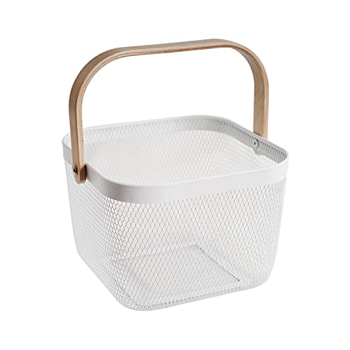 Metal Mesh Steel Harvest Basket, Wire Garden Basket with Handle - color: White-Square