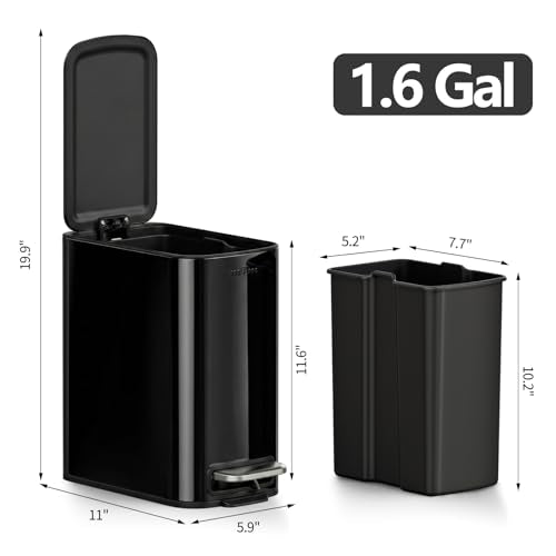 mVm Bathroom Trash Can, 8+1.6 Gal Slim Kitchen Trash Can with Lid, Small Garbage Can with Removable Bucket (Matt Black+Mirror Black) - color: Black, size: 8+1.6Gal