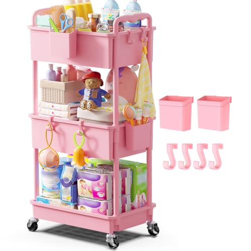 Goovilla Diaper Cart with Lockable Wheels and Easy Assembly, 3 Tier Pink - color: Pink