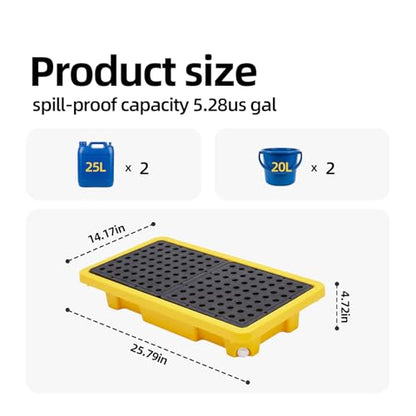2 Pcs Spill Containment Pallet, 2-Drum Plastic Platform with Drain Outlet, 2000Lbs Load 26”x14”x4.7”, Leakproof Stackable Tray for Garage/Kitchen/Basement/Industrial Storage