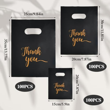 TIMESETL 300Pcs Thank You Bags for Small Business, Merchandise Bags 3 Sizes Shopping Bags with Handles Plastic Retail Shopping Bags Thank You Gift Bags Bulk Die Cut for Boutique, Gifts, Customers