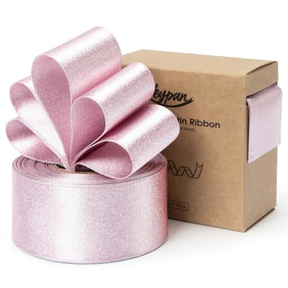 Keypan Light Pink Satin Ribbon Wired Silver Glitter 1-1/2 Inch x 10 Yards - color: Glitter Light Pink, size: 1-1/2"