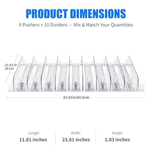 9-Pack Spring Loaded Shelf Pusher System, Adjustable Width for Supermarket, Store, Pharmacy, Auto Push Snack, Cigarette and Medicine Display Organizer, 23.82 in x 11.81 in